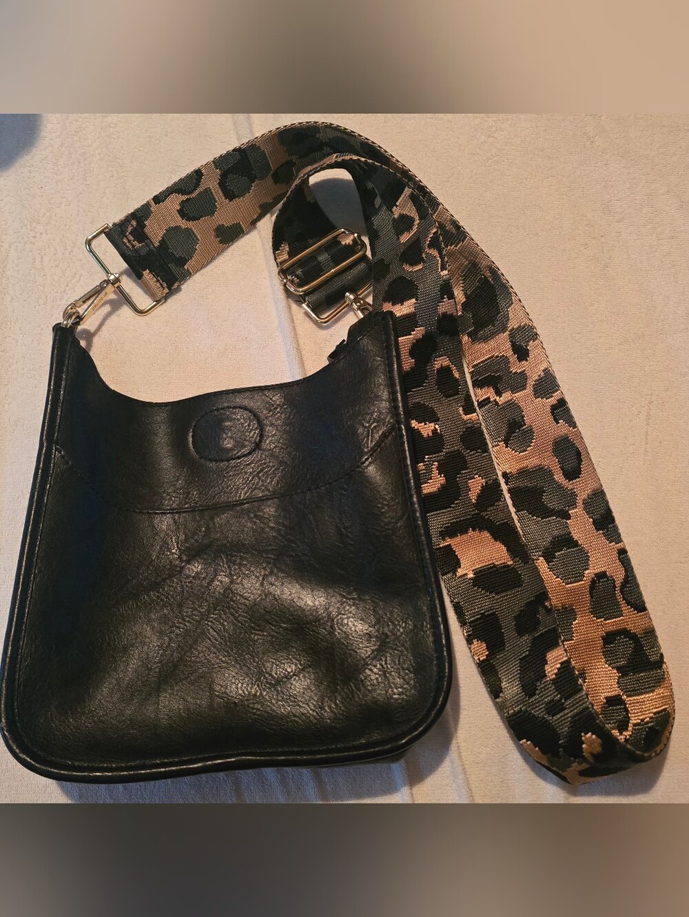 Ahdorned Vegan Leather Black Shoulder Bag with Leopard Print Adjustable Strap